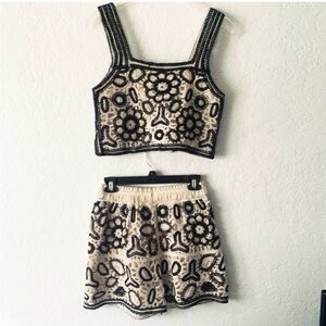 Rebellion Black and Cream Crochet Cropped Tank Top and Shorts Set Sz XS Beachy